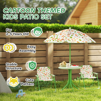 AIYAPLAY 4 Pieces Kids Garden Table and Chair Set with Adjustable Parasol, Folding Chairs, Table, Fox Pattern, Green / Pink