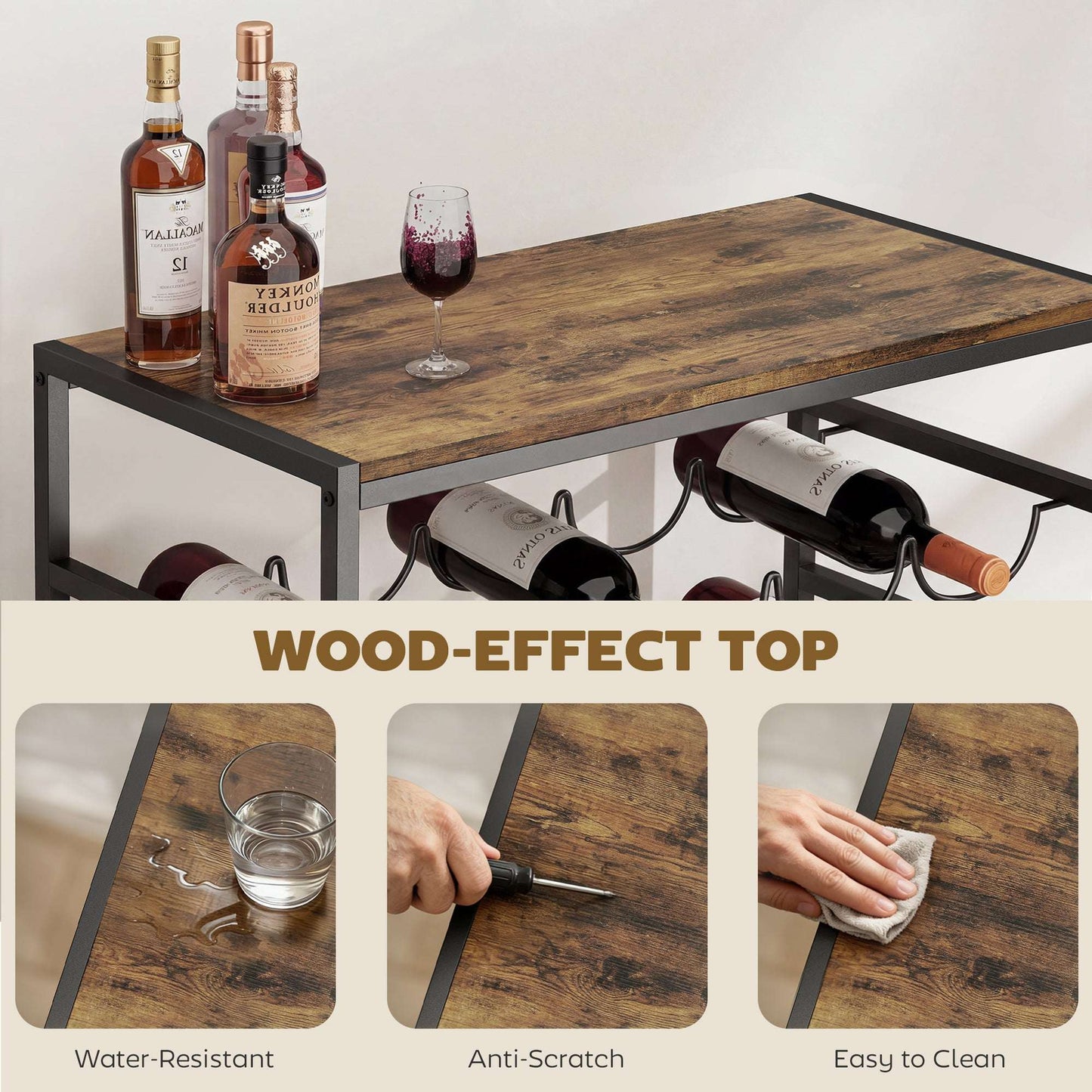 Freestanding Wine Rack | 6-Tier | 30 Bottles | Wood Effect Tabletop | Wave Slots | Anti-Tip | 59x30x88.5cm | Rustic Brown