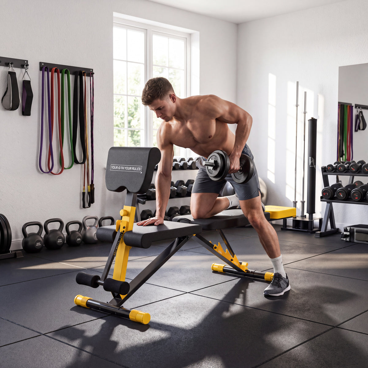 Adjustable Weight Bench | 300kg Capacity | 7 Backrest Positions | Preacher Curl | Leg Extension | Foldable | Home Gym | Yellow