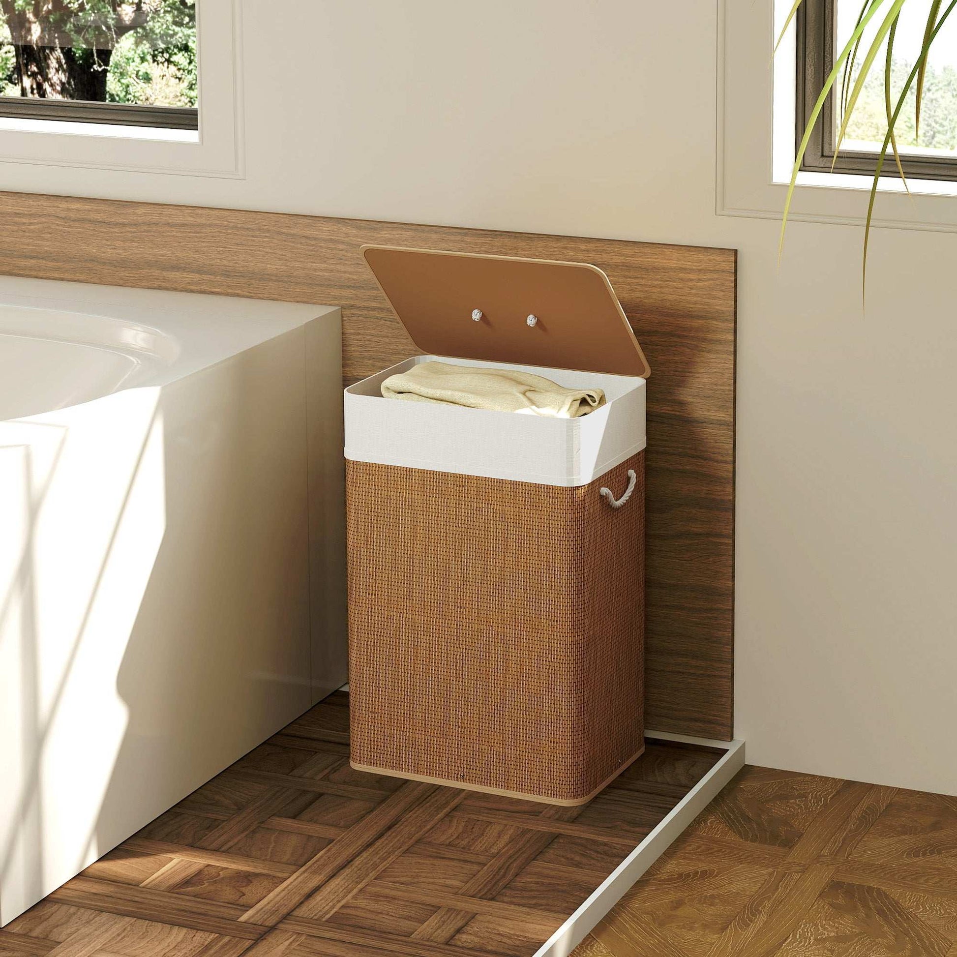 Bamboo Bathroom Washing Laundry Basket with Lid, 72L Laundry Hamper with Rope Handles for Bathroom, Bedroom, Brown