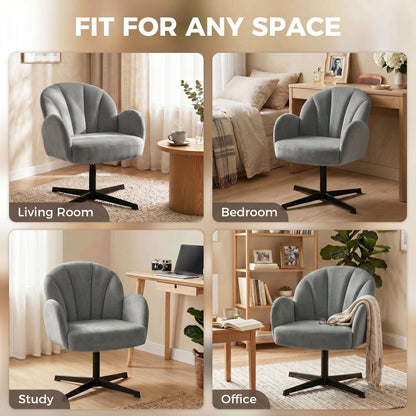 Shell-Shaped Swivel Accent Chair | 360° Swivel | 11cm Spring-Packed Seat | Velvet-Feel Fabric | Metal Base | Plastic Floor Pads | 120kg | 64.5x68x80cm | Grey