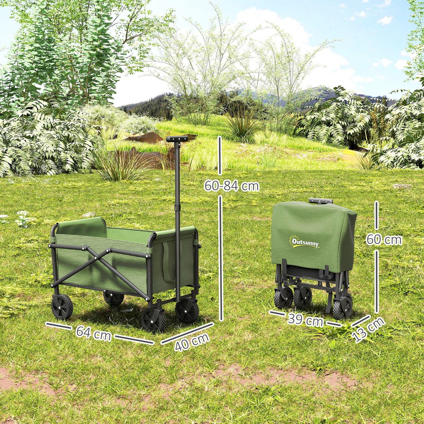 Outsunny 41L Festival Trolley on Wheels, Small Garden Folding Trolley Cart, 60kg Heavy Duty Collapsible Folding Wagon with Adjustable Handle and Carrying Bag for Beach, Camping