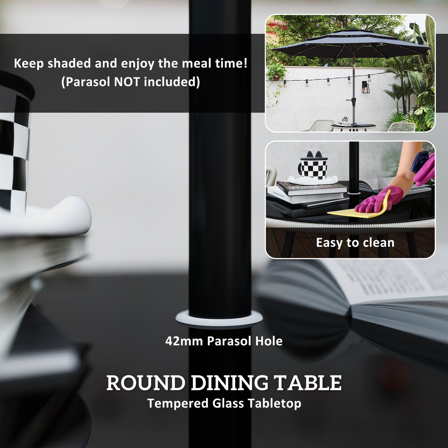 Outsunny 4 Seater Rattan Dining Set, Rattan Garden Furniture Set with Parasol Hole, Outdoor Dining Table and Chairs Set with Cushions, Round Glass Top Table