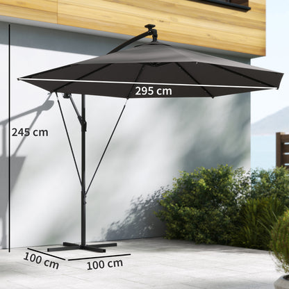 3m Cantilever Parasol with 32 Solar LED Lights | 295cm Canopy | 8 Metal Ribs | Crank Lift | Water-Repellent | 2 Wind Ropes | Cross Base & Cover Included | Black