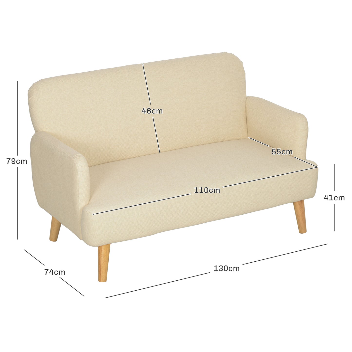 Vintage Retro Style Velvet Feel Fabric 2 Seater Sofa, Small Sofa Loveseat with 21cm Thick Padding and Wood Legs, Cream White