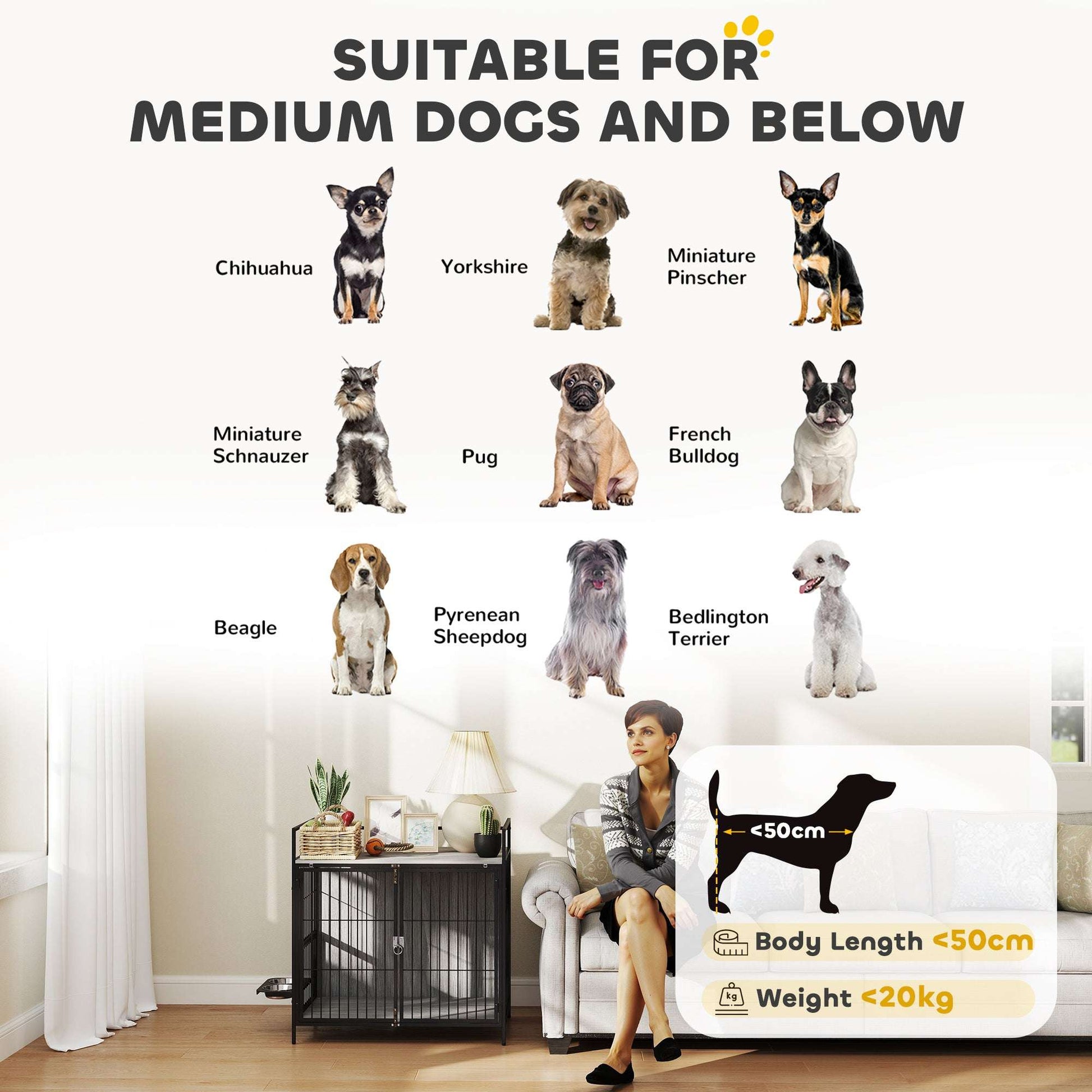 PawHut Dog Crate Furniture with Rotating Bowl Holder, 2 Bowls, 2 Doors, for Medium Dogs, 80 x 56 x 76.5 cm, Grey