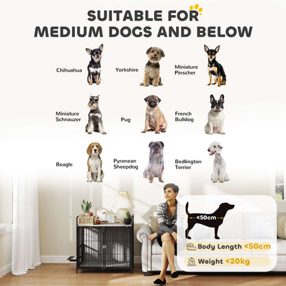 PawHut Dog Crate Furniture with Rotating Bowl Holder, 2 Bowls, 2 Doors, for Medium Dogs, 80 x 56 x 76.5 cm, Grey