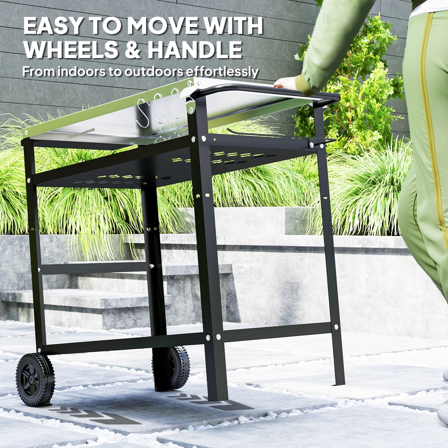 BBQ Trolley with Stainless Steel Top Adjustable Shelf, Outdoor Kitchen BBQ Station with Hooks Seasoning Tray Towel Rack, Pizza Oven Table