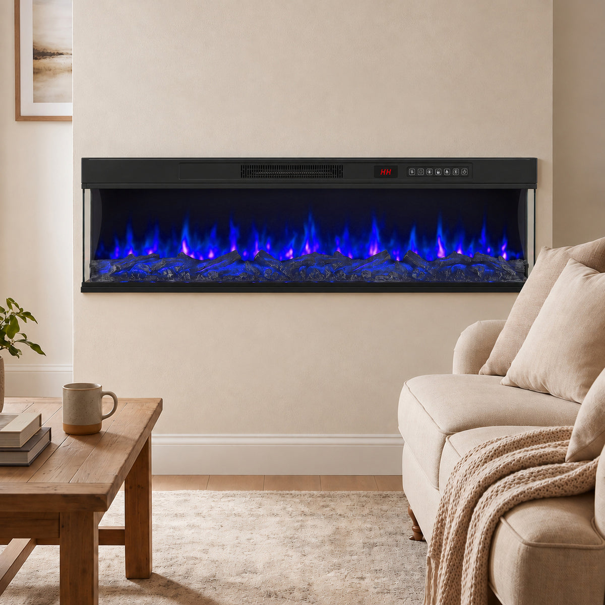 153cm Electric Fireplace Insert | 3-Sided Panoramic Log Effect | 900/1800W, 12 Colours, Remote & Weekly Timer | Black