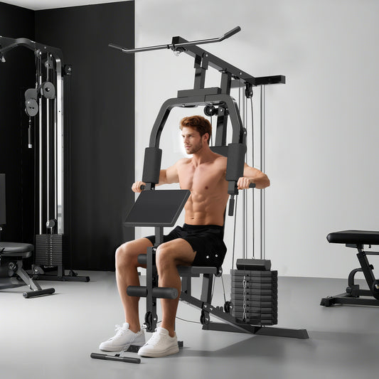 Multi Gym Station | Black | 148x108x207cm | 45kg Weight Stack | 10 Blocks | Chest Press | Butterfly Press | Leg Developer | 0-90° Arm Rotation | 120kg Max | Steel & PU