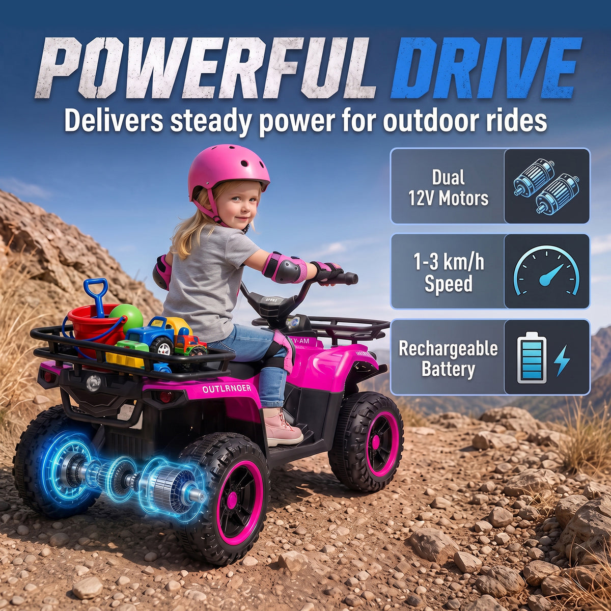 AIYAPLAY 12V Kids Electric Quad Bike | Pink Ride-On ATV with Dual Motors & Soft Start | Forward/Reverse, Music & Storage Racks | Ages 3–8 | 30kg Max