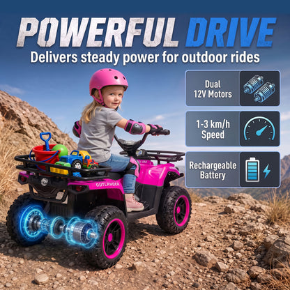 AIYAPLAY 12V Kids Electric Quad Bike | Pink Ride-On ATV with Dual Motors & Soft Start | Forward/Reverse, Music & Storage Racks | Ages 3–8 | 30kg Max