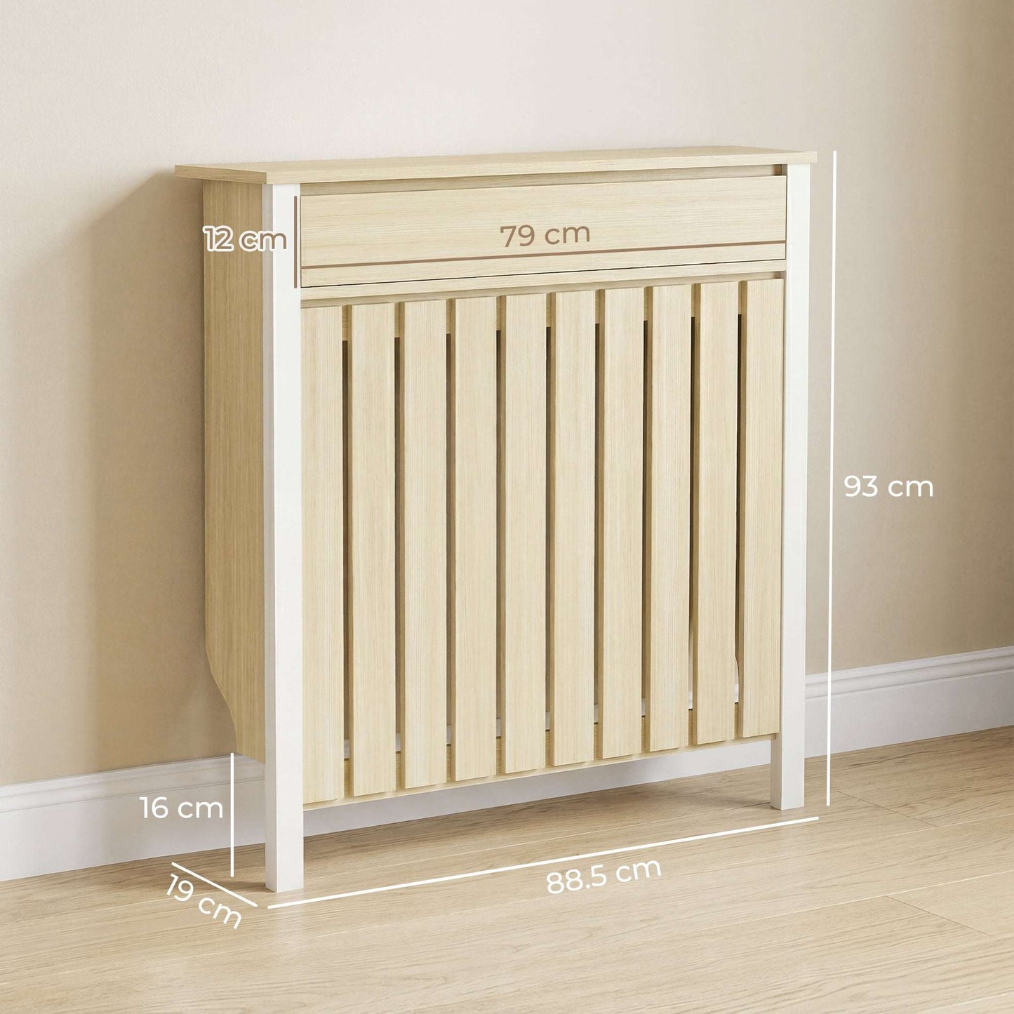 MDF & Particle Board Radiator Cover with 1 Drawer | Vertical Slats | Flat Top Display Surface | Wall Mountable | Pre-Cut Outs | 14kg Capacity | 88.5x19x93cm | Oak & White