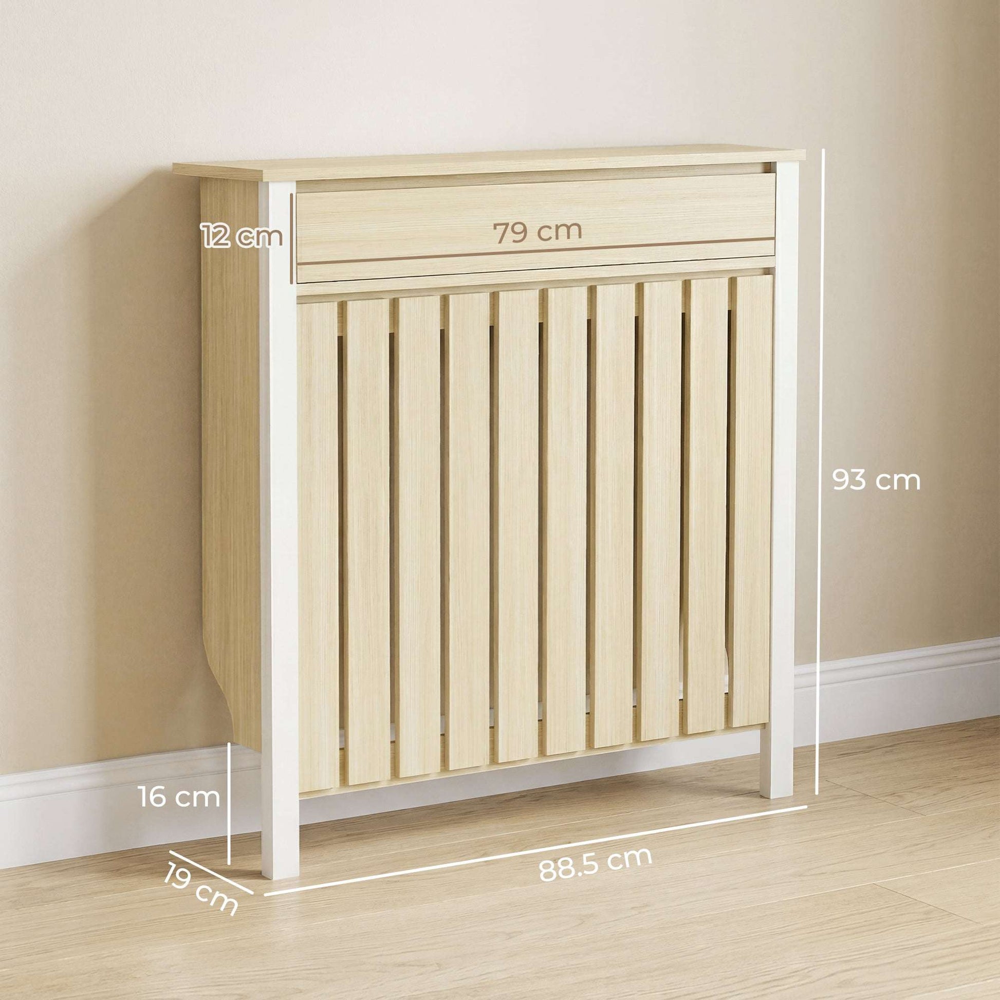 MDF & Particle Board Radiator Cover with 1 Drawer | Vertical Slats | Flat Top Display Surface | Wall Mountable | Pre-Cut Outs | 14kg Capacity | 88.5x19x93cm | Oak & White