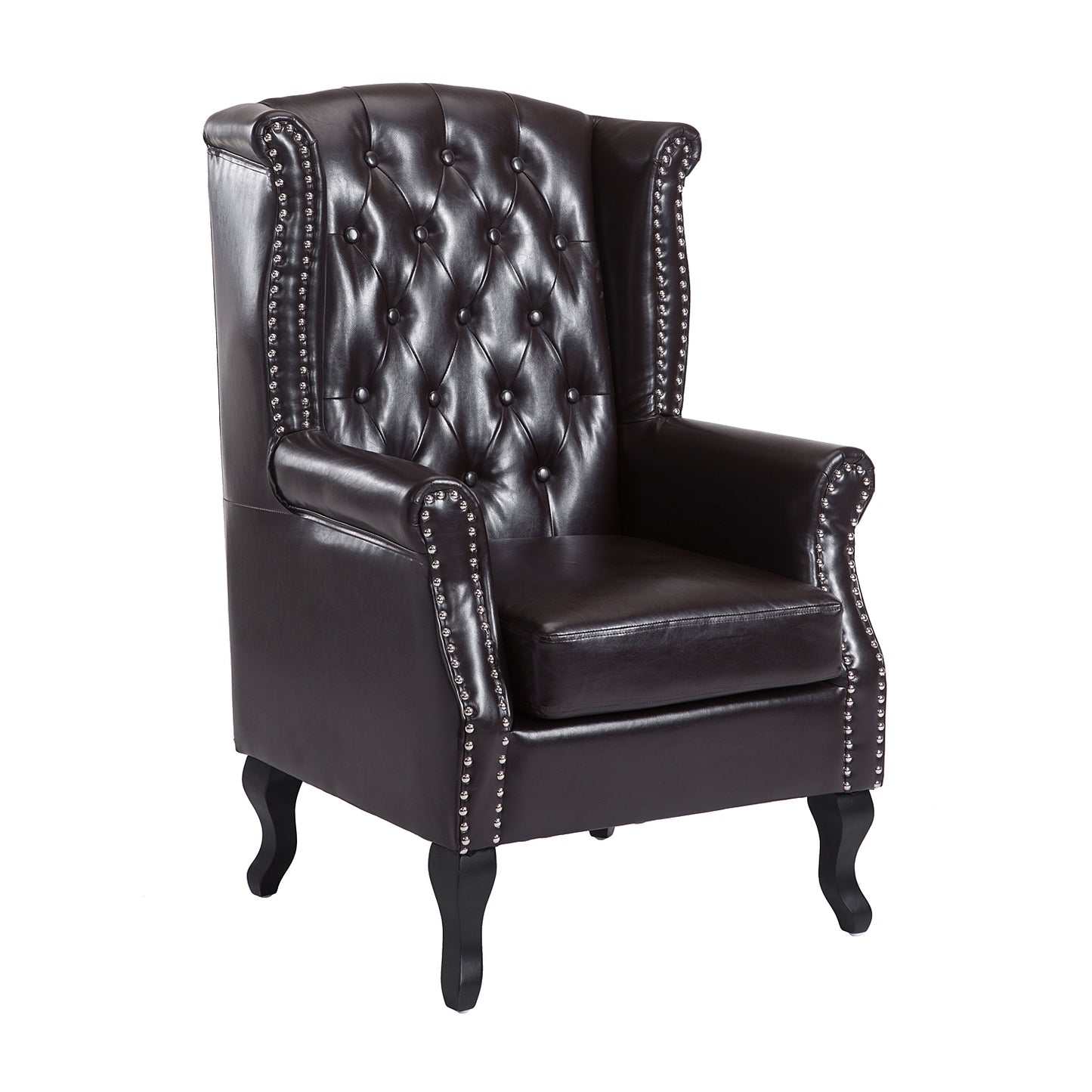 Antique High Back Chair PU Leather Seat Chesterfield Type Armchair Queen Anne Fireside Chair w/ Cushion (Brown)