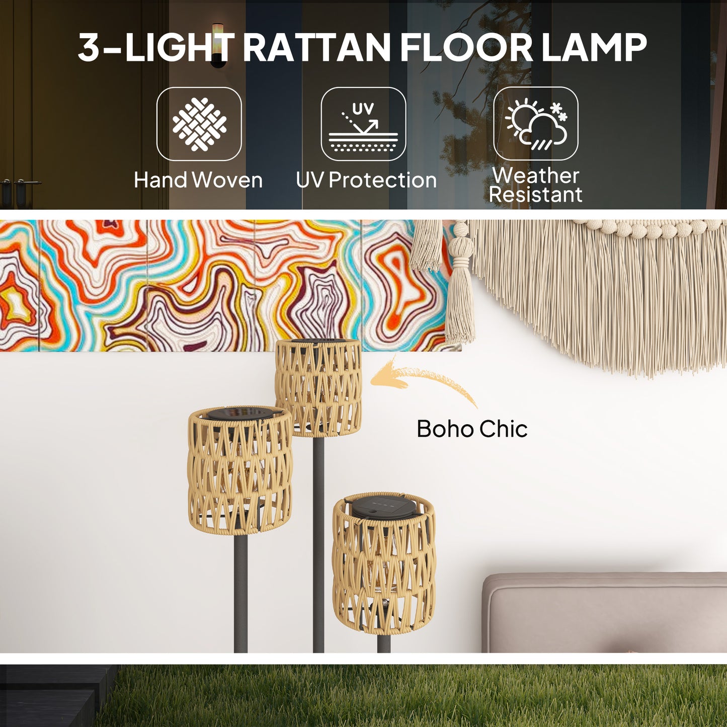 Boho Rattan Floor Lamp, 3-Lights Rattan Lamp with Shelf, Freestanding Solar Garden Light with Auto On/Off Lights, IP44 Waterproof for Porch, Pathway, Deck, Yellow