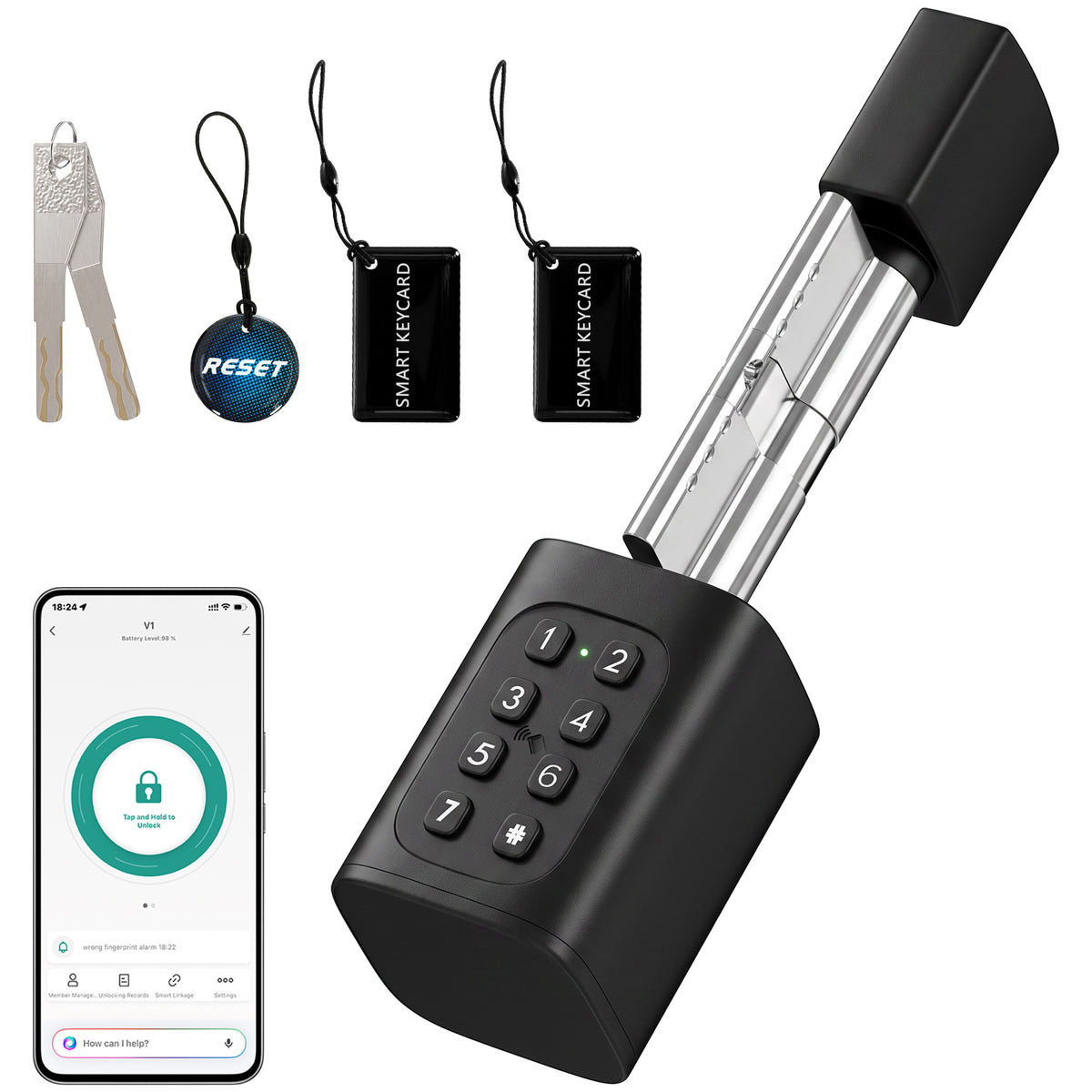 5-in-1 Smart Door Cylinder | Fingerprint | Password | NFC Card | Tuya App | Mechanical Key | Euro Profile | uPVC & Composite | Reversible | Bluetooth 10m | 3xAAA | 4.2x4.2x16cm | Black