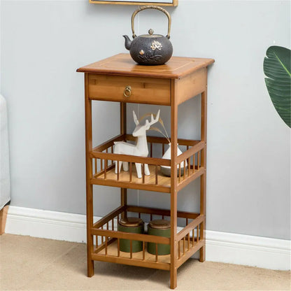 3 Tier Retro Bedside Table Bamboo Sofa Coffee End Table with Drawer Plant Display Storage Shelf Unit