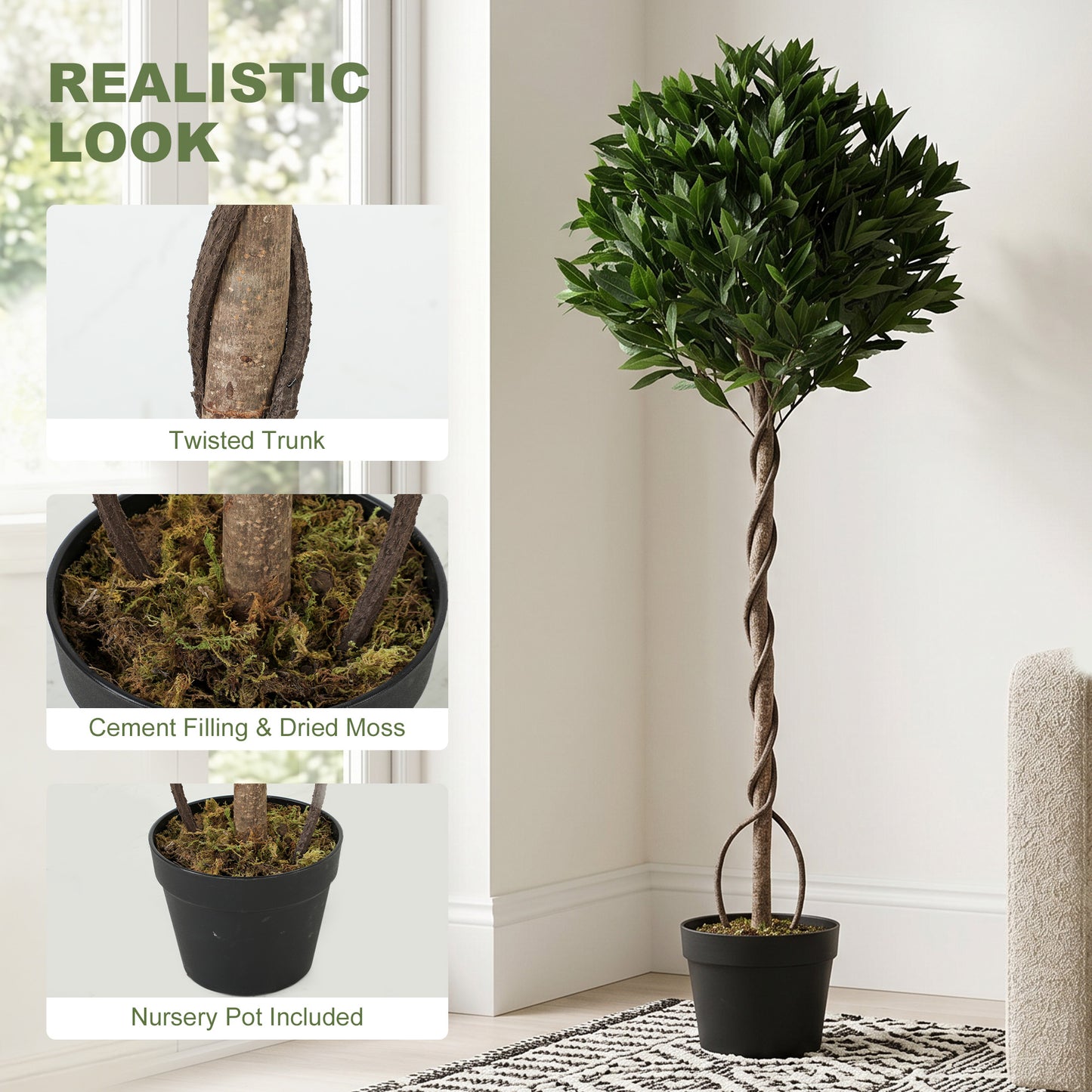 Set of 2 Artificial Bay Laurel Topiary Trees | 1209 PE Leaves | Twisted Trunk | Bendable Branches | UV-Resistant | Weighted Cement Pots | Indoor & Outdoor | 50 x 150cm | Green