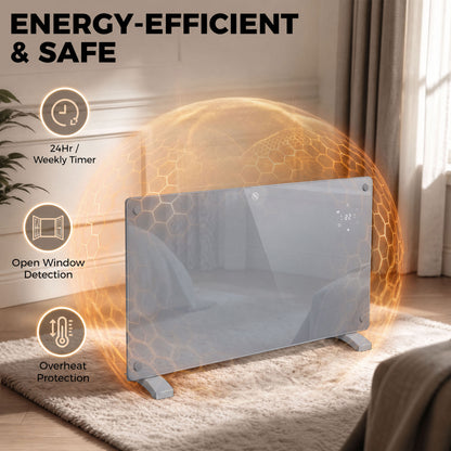 Smart Panel Heater | Grey 1500W WiFi Electric Heater, Wall Mounted or Freestanding with 7-Day Timer