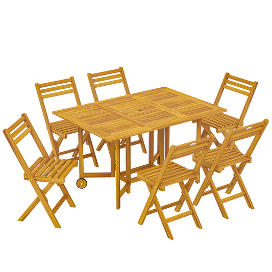 FSC Acacia 7-Piece Garden Dining Set | Extending Table | 6 Folding Chairs | Umbrella Hole | 130cm | Natural Wood