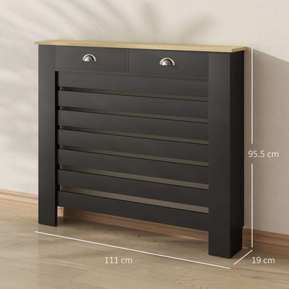 MDF & Particle Board Radiator Cover with 2 Drawers | Slatted Design | Skirting Board Cut-Outs | Easy-Fix Clips | Wood-Effect Top | 5kg Per Drawer | 111x19x95.5cm | Black