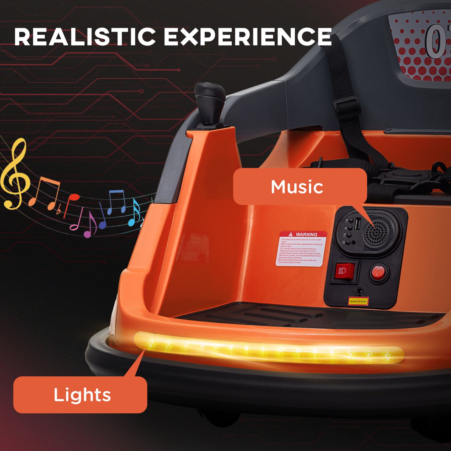 Kids Bumper Car, 360° Rotation Spin 12V Electric Car with Lights, Music, for Ages 1.5-5 Years - Orange