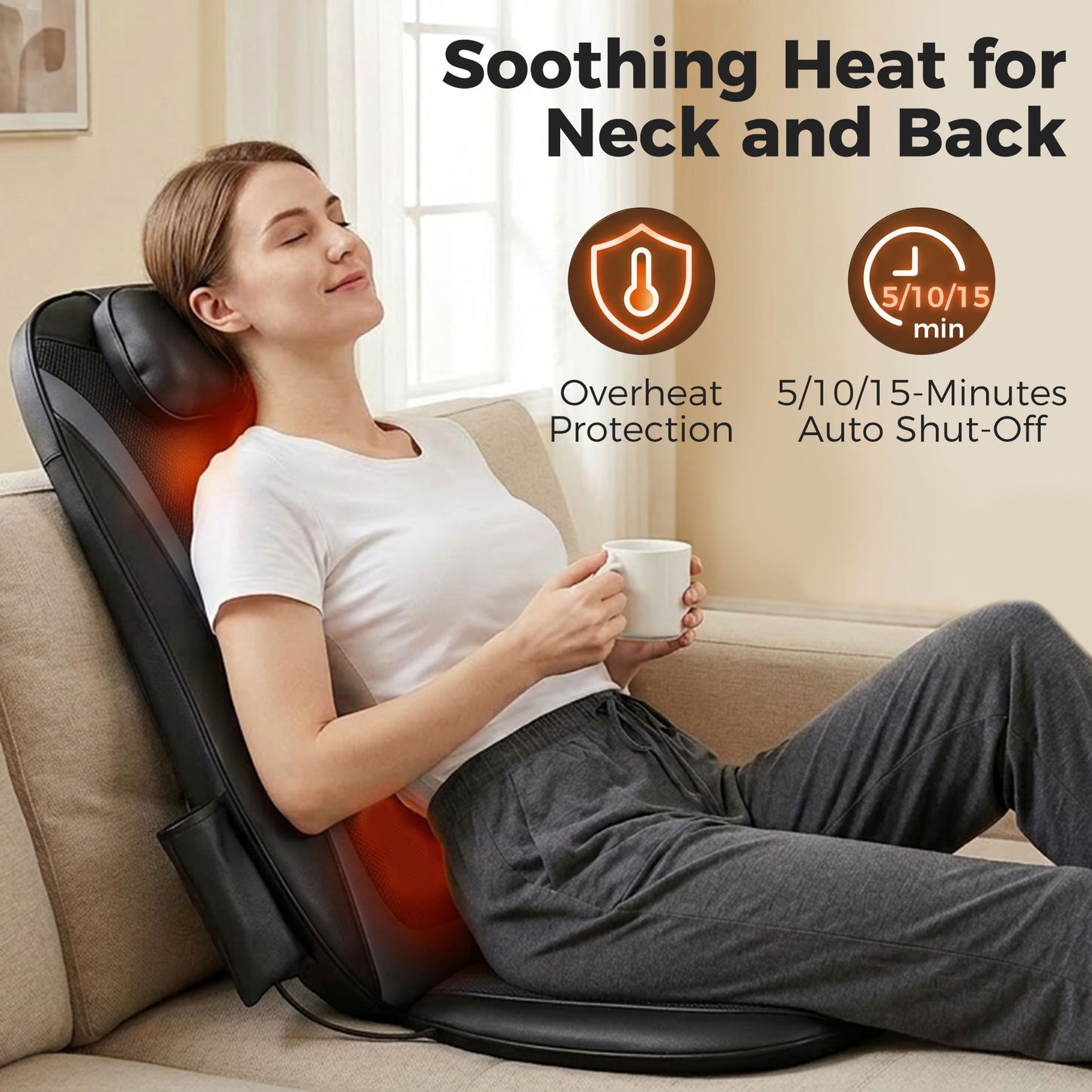 Shiatsu Back Massager Chair Pad | 4 Kneading Nodes | Spot Function | Heat | 3-Level Vibration | Car & Home | Black