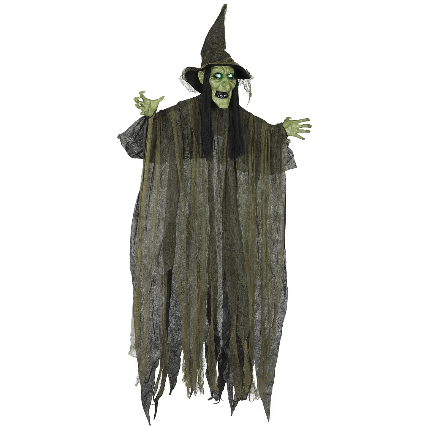 170 cm Life Size Hanging Halloween Animated Witch with Glowing LED Eyes, Spooky Witch Scary Halloween Decorations, Battery Operated, Indoor Party Props