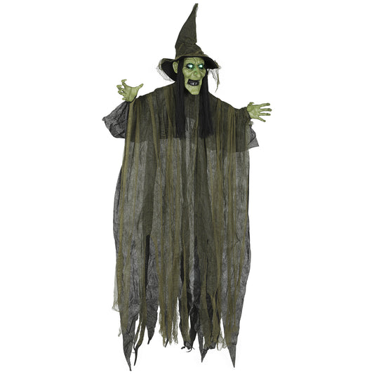 170 cm Life Size Hanging Halloween Animated Witch with Glowing LED Eyes, Spooky Witch Scary Halloween Decorations, Battery Operated, Indoor Party Props