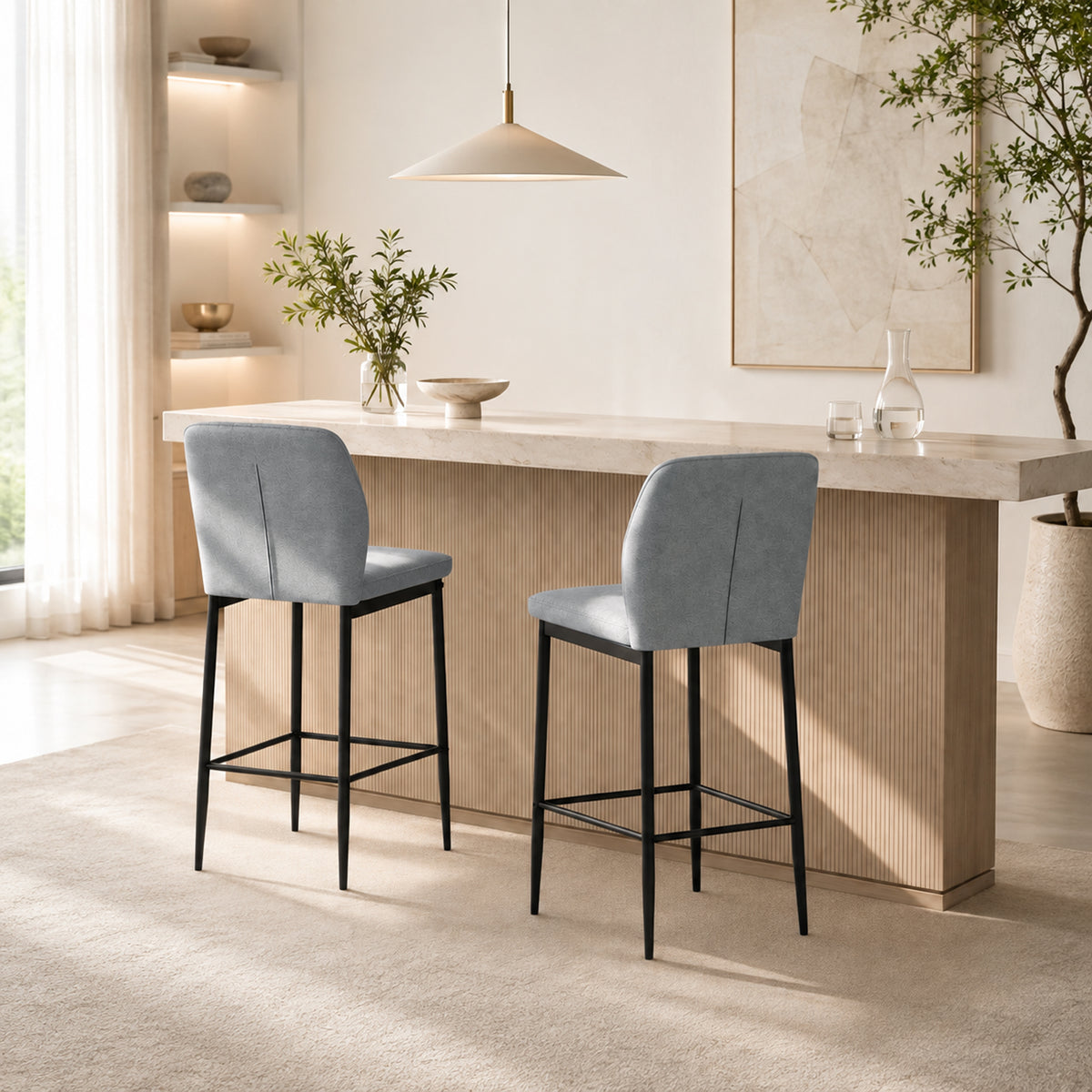 Set of 2 Velvet Bar Stools | Grey | 41x52x97cm | 64cm Seat Height | Curved Backrest | Footrest | Powder-Coated Steel | Armless | Counter Height 89–99cm | 120kg | Kitchen Island Dining