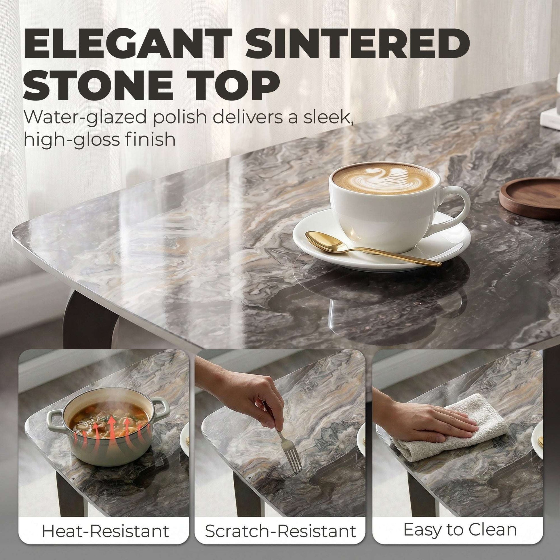 Sintered Stone Dining Table | 4 Seater | 130x70x75cm | Heat & Scratch Resistant | Stain-Resistant | Metal Legs | Adjustable Feet | Brown