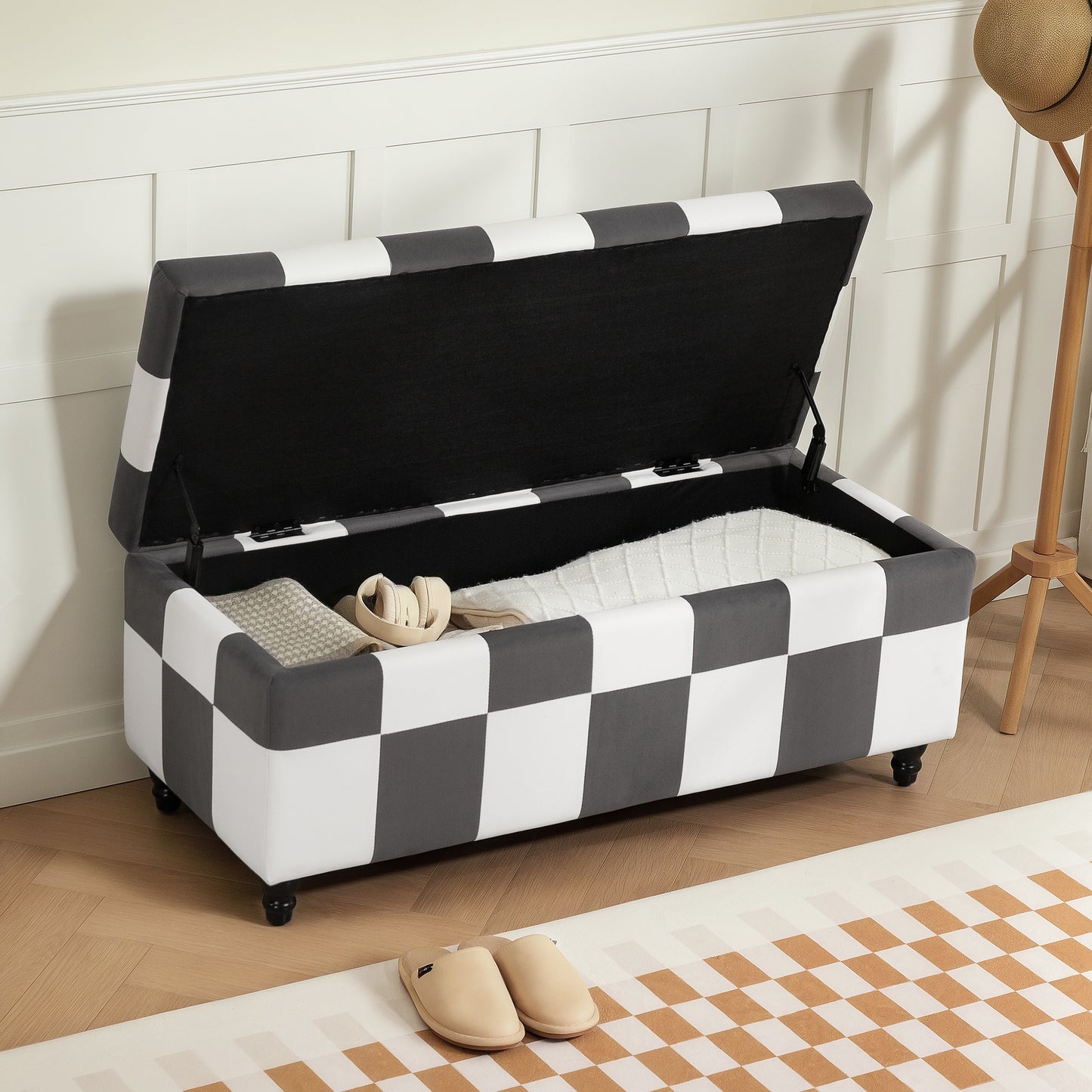 114 x 47 x 47cm Velvet Storage Ottoman, Button-tufted Footstool Box, Toy Chest with Lid for Living Room, Bedroom, Dark Grey and White