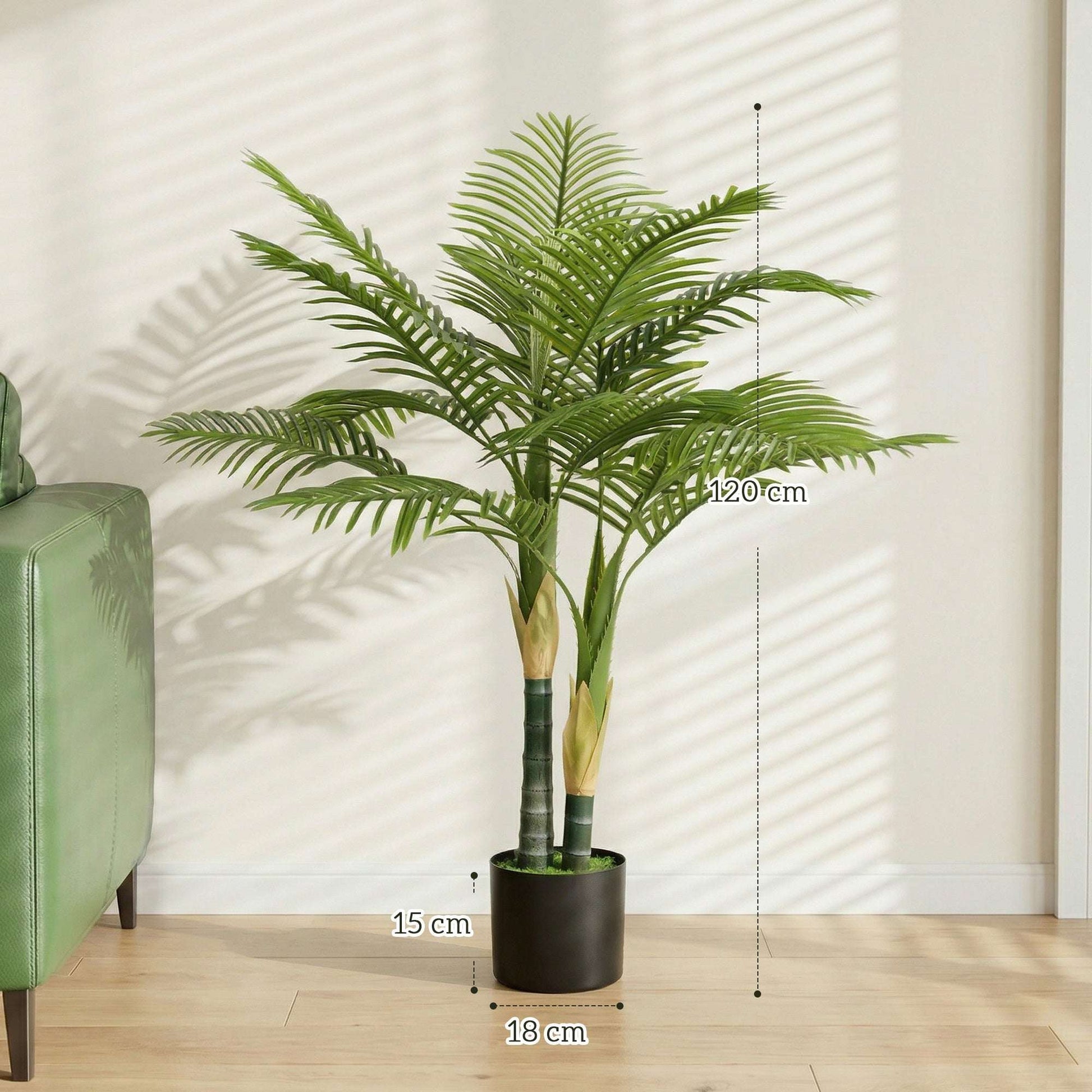 Artificial Palm Tree | 120cm | 14 PEVA Leaves | Shapeable Branches | Moss Effect Cement Pot | No Maintenance | Green