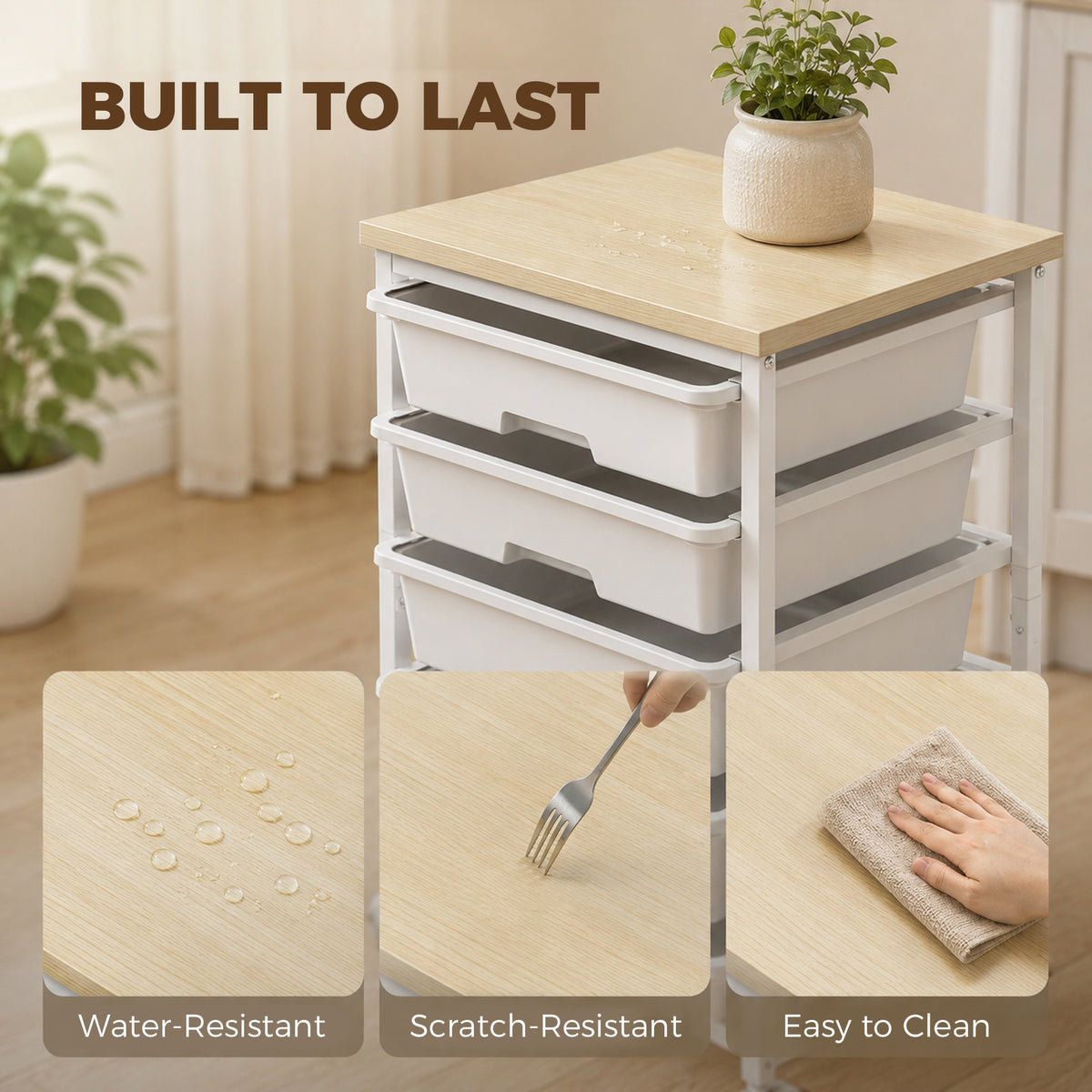 6-Tier Storage Trolley on Wheels | 5 Pull-Out Drawers | Rolling Kitchen Cart | White