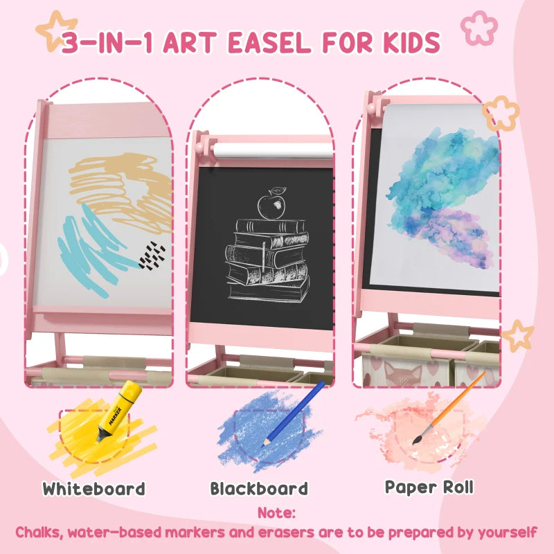 Kids Table and Chair Set And Kids Easel With Paper Roll, Storage Baskets, Kids Activity Furniture Set