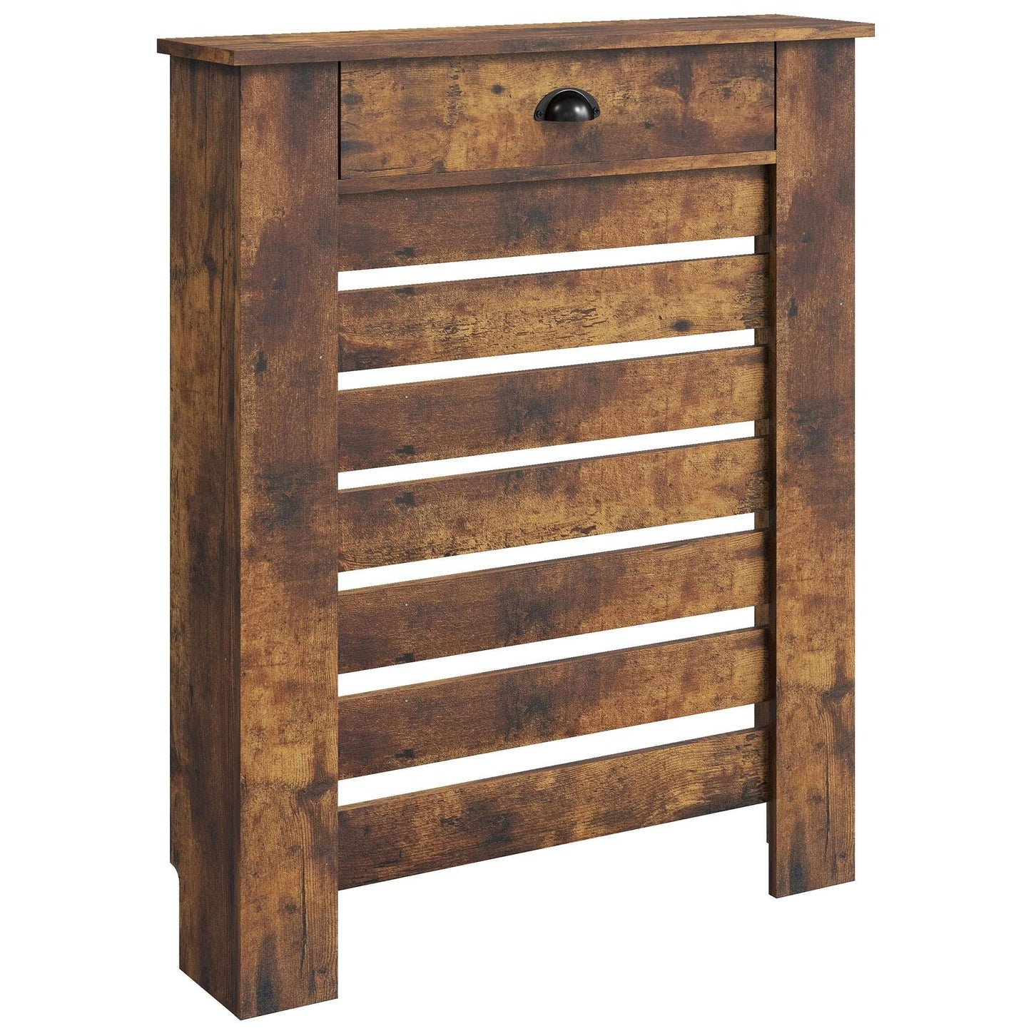 MDF & Particle Board Radiator Cover with 1 Drawer | Slatted Design | Skirting Board Cut-Outs | Easy-Fix Clips | Wood-Effect Top | 5kg Drawer Capacity | 78x19x95.5cm | Rustic Brown
