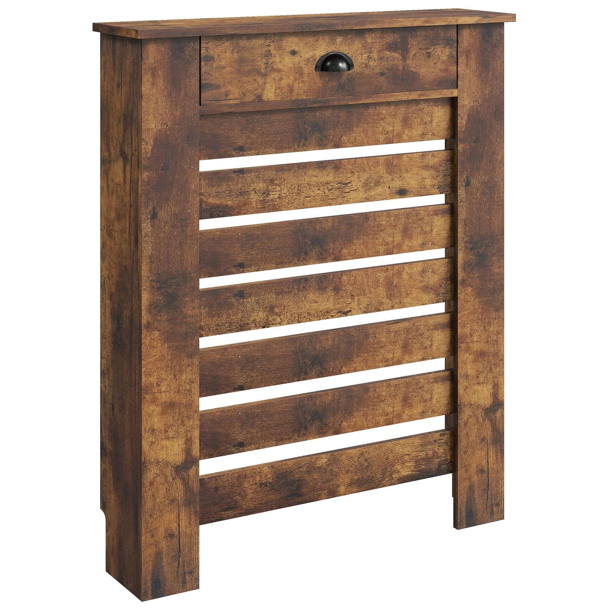 MDF & Particle Board Radiator Cover with 1 Drawer | Slatted Design | Skirting Board Cut-Outs | Easy-Fix Clips | Wood-Effect Top | 5kg Drawer Capacity | 78x19x95.5cm | Rustic Brown