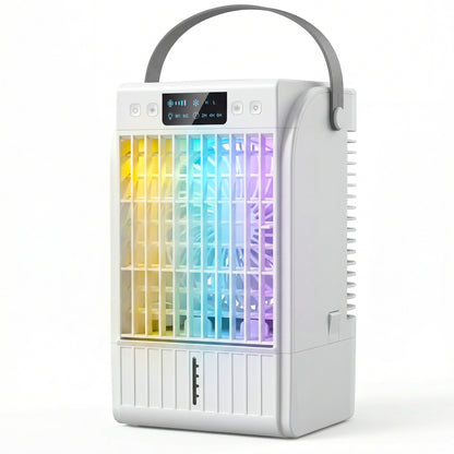 Portable Air Conditioner, 4-in-1 Mini Air Cooler with 4 Wind Speed, 2 Cool Mist, RGB 7 LED Light, Black / White