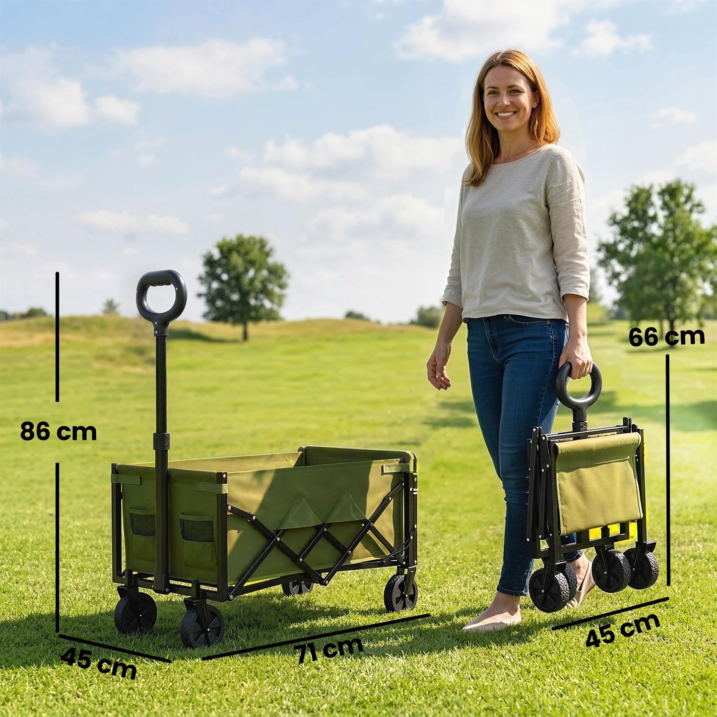 Outsunny 80L Foldable Festival Trolley on Wheels – Drop-Down Tailgate, 150kg, Adjustable Handle, 2 Cup Holders, Quick-Release Wheels – Green