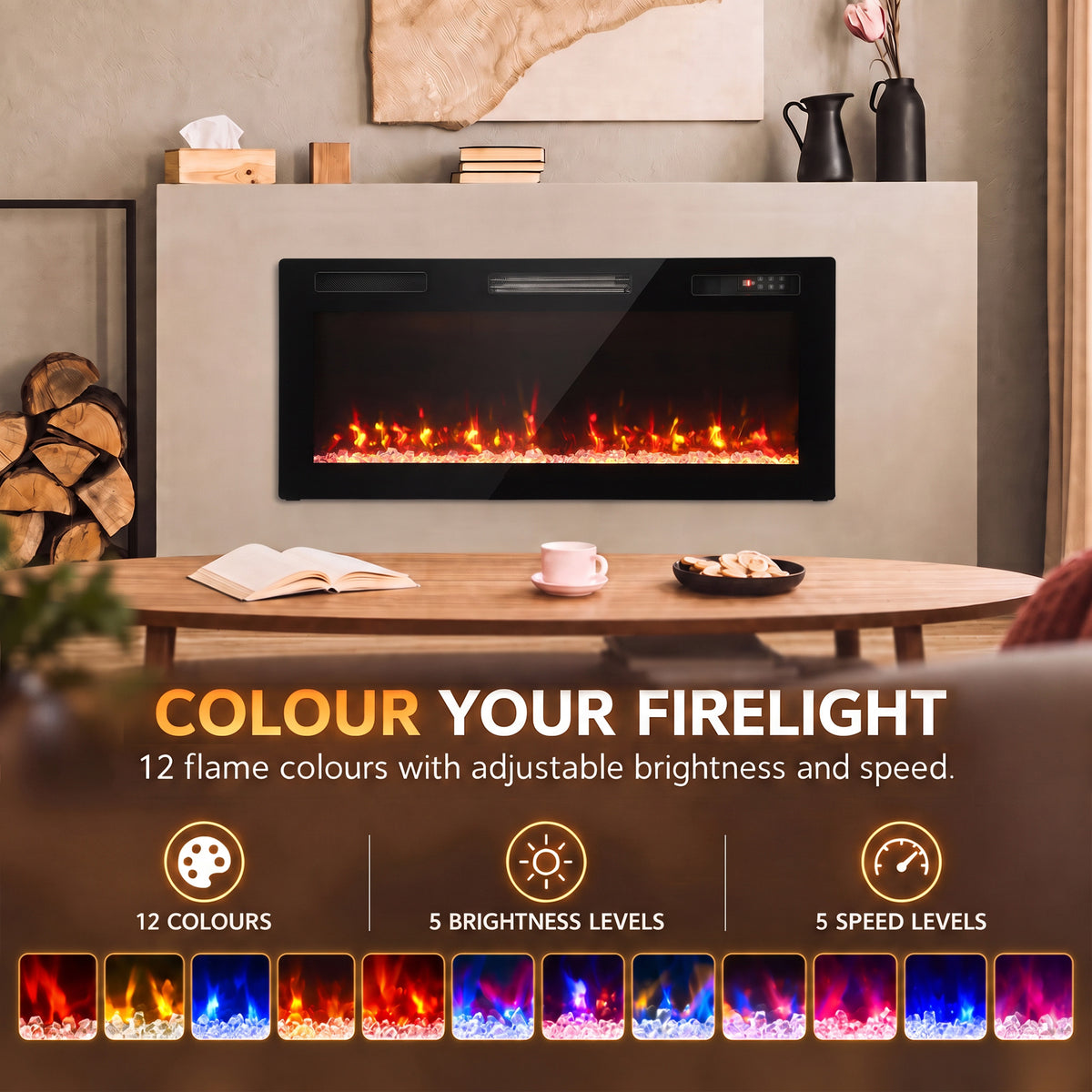 102cm Slim Electric Fireplace | 8.3cm Profile, Crystal Effect & 12 Flame Colours | 900/1800W, Remote, ECO & 7-Day Programme | Black