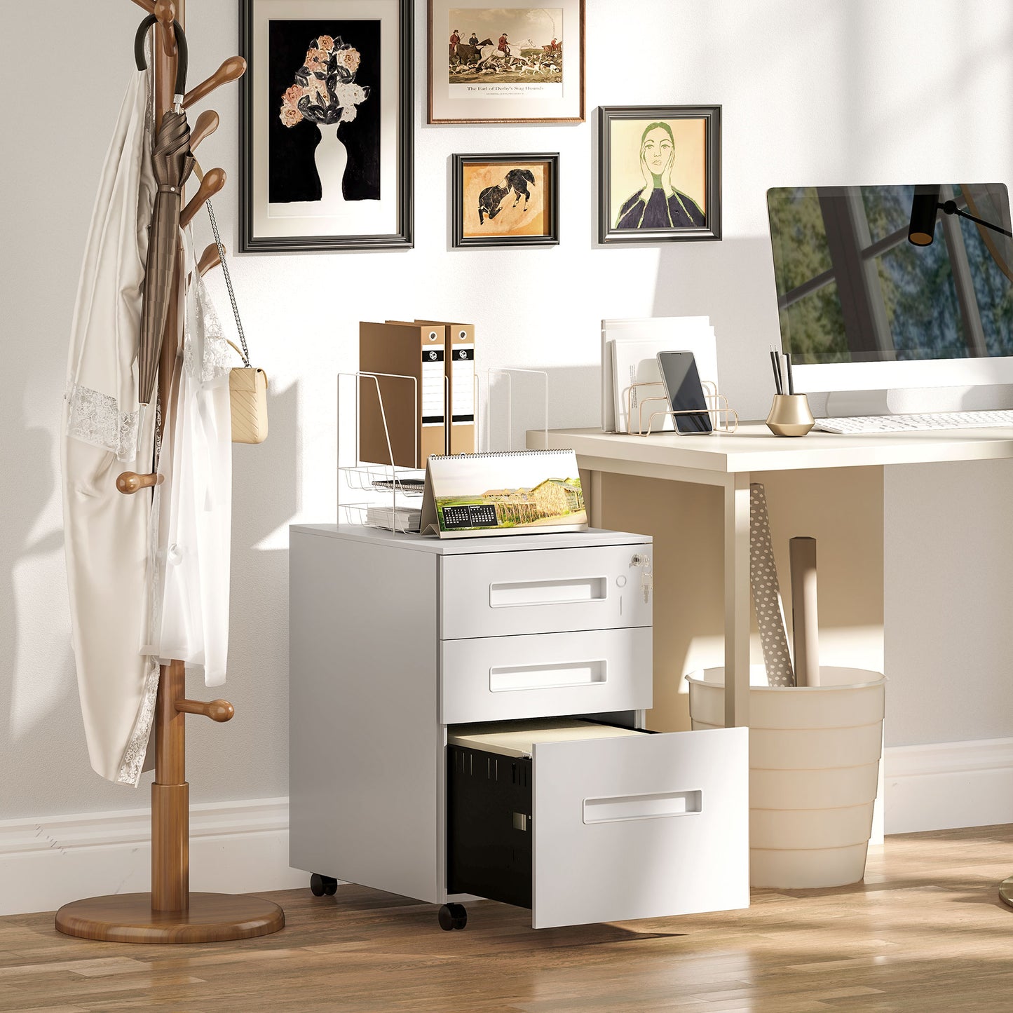 3 Drawer Mobile Metal Filing Cabinet | Under Desk | 39x48x60cm | Lockable | A4 Legal Letter | Pencil Tray | 4 Wheels 2 Brakes | Pre-Assembled | 30kg | White
