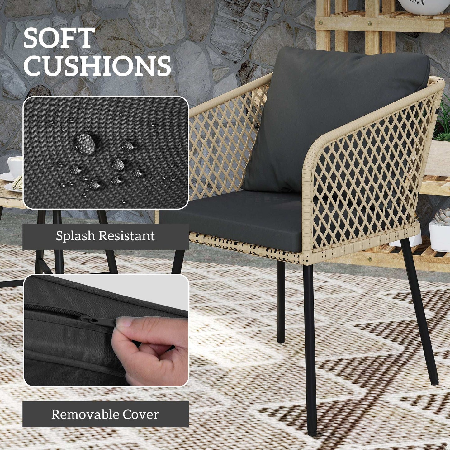 Outsunny 3 Piece Rattan Bistro Set with 2 Chairs, Tempered Glass Table, Cushions, Adjustable Foot Pads, Nature Wood Finish