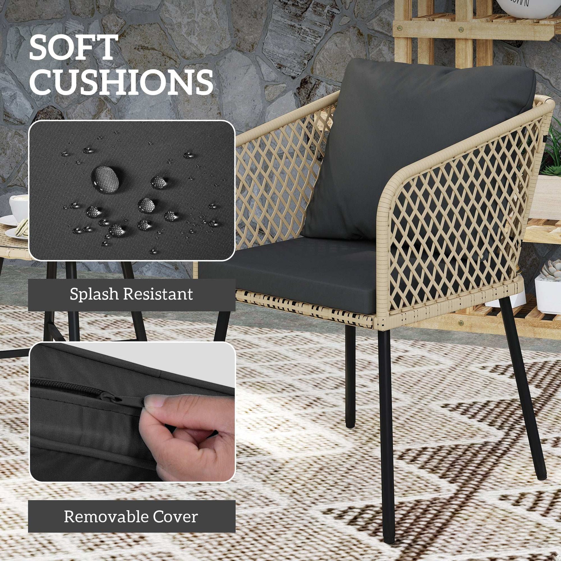 Outsunny 3 Piece Rattan Bistro Set with 2 Chairs, Tempered Glass Table, Cushions, Adjustable Foot Pads, Nature Wood Finish