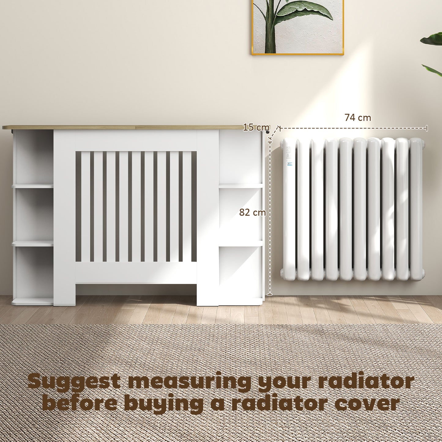 Radiator Cover with Open Storage Shelves, Vertical Slatted Cabinet Shelf Heater Cover for Living Room, Hallway, Medium, White (H: 83 / W: 124 / D: 19 cm)