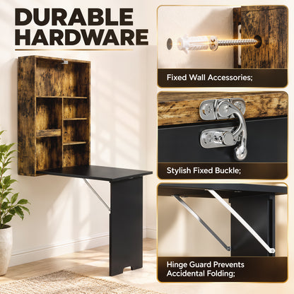 Wall-Mounted Folding Drop-Leaf Desk with Chalkboard & Storage Shelves | 78x56.5cm Tabletop | Folds to 16cm Deep | 20kg Tabletop Capacity | MDF | Rustic Brown & Black | 60x94.5x147cm Open