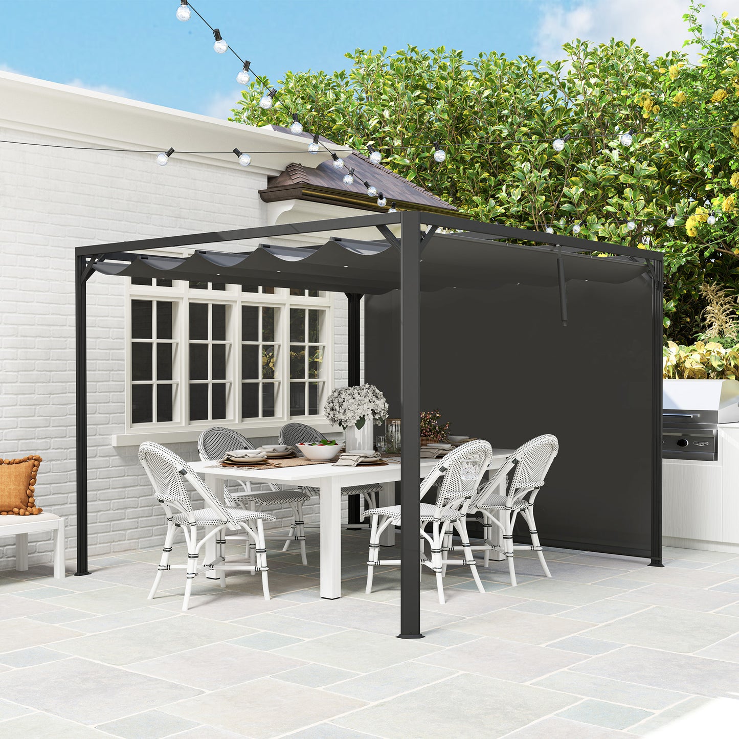 3 x 3(m) Garden Pergola with Retractable Roof Canopy and Roller Shade, Aluminium Pergola Kit Gazebo, UPF30+ Sun Shade Shelter for Deck, Porch