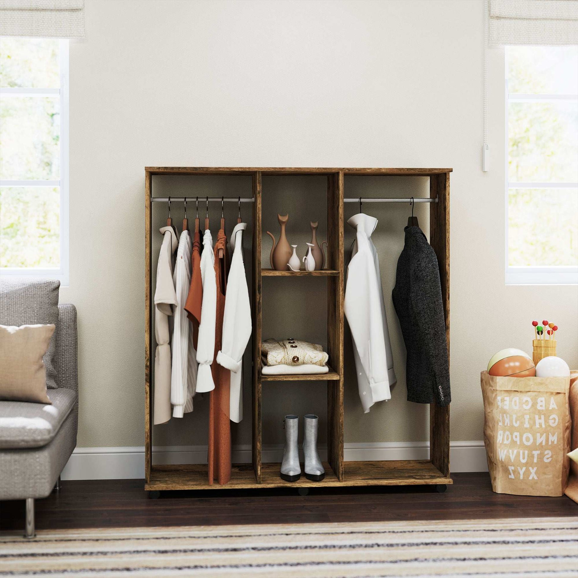 Open Wardrobe Double Mobile Storage Shelves Organiser W/6 Wheels-Rustic Brown