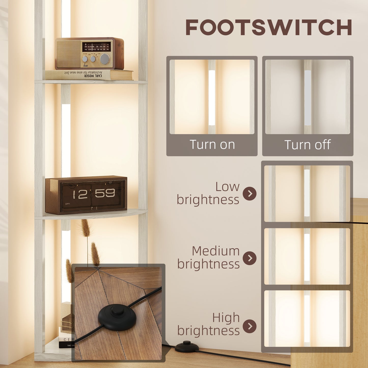 Corner Floor Lamp for Living Room Bedroom with Dimmable Warm White LED Light, Modern Tall Standing Lamp, Oak