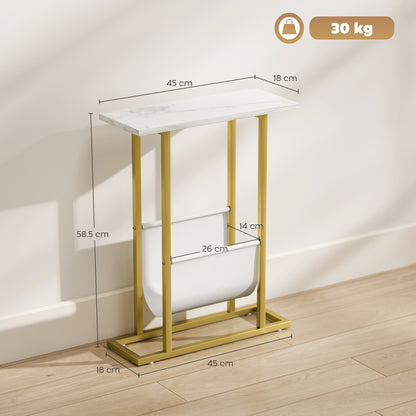 Narrow Side Table, End Table with Magazine Holder, Nightstand for Small Spaces, Living Room, Bedroom, White Marble Grain